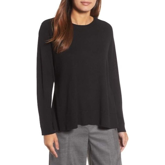 Eileen Fisher Side Slit Merino Wool Sweater in Black NWOT